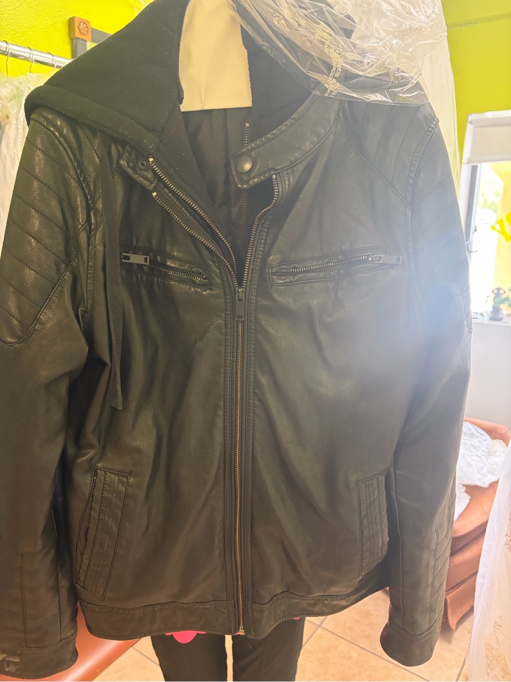 Apt. 9 Black Quilted-Sleeve Leather Jacket with Hood